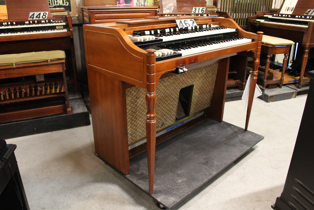 462 is 1964 Hammond A-143 in a fruitwood finish, to be paired with a Leslie 45. The toggle switches that control the Leslie speed and audio signal will be replaced with the moon shaped Leslie switch, which most of us prefer.