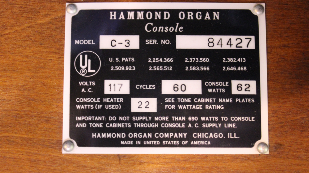 519 is a 1961 Hammond C-3 in a Mahogany  finish. Serial #84427