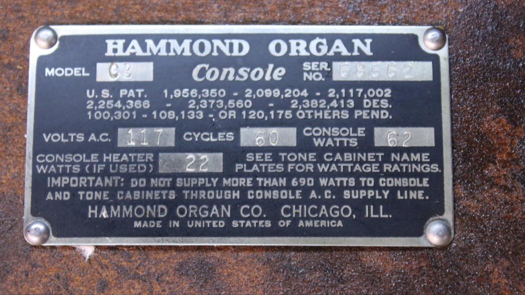 Restored 1957 Hammond C3 organ in walnut finish, inventory #644, Serial #68562