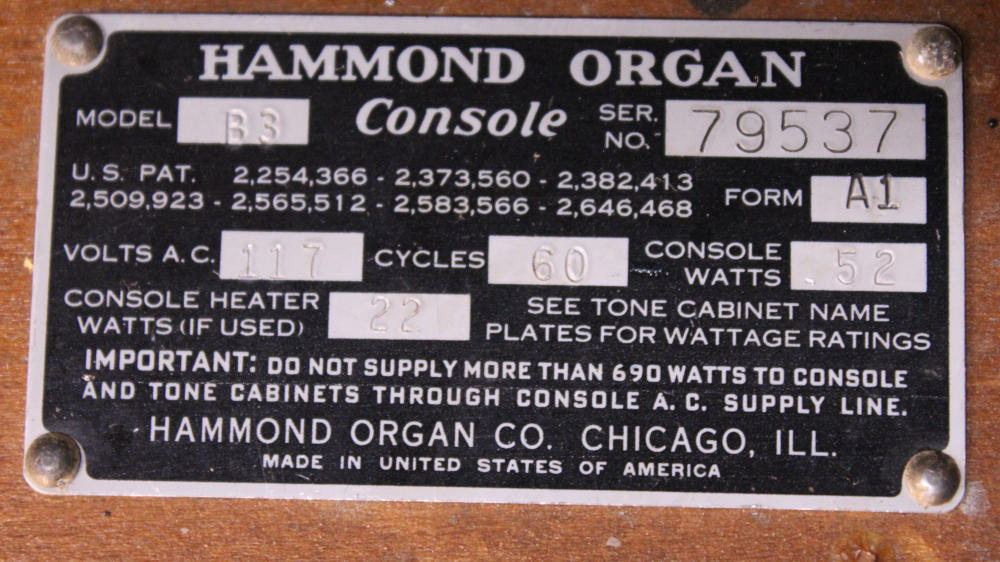 1959 Hammond B3 in walnut, Serial #79537, inventory #694, for sale at Keyboard Exchange International for sale!