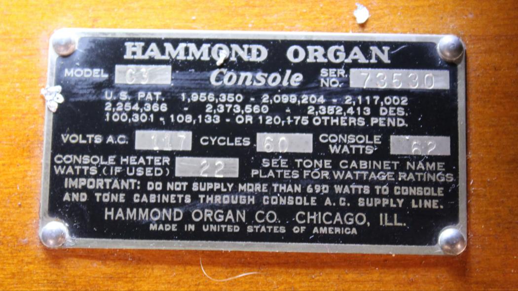 Restored 1958 Hammond C3 organ in walnut finish, inventory #714, Serial #73530